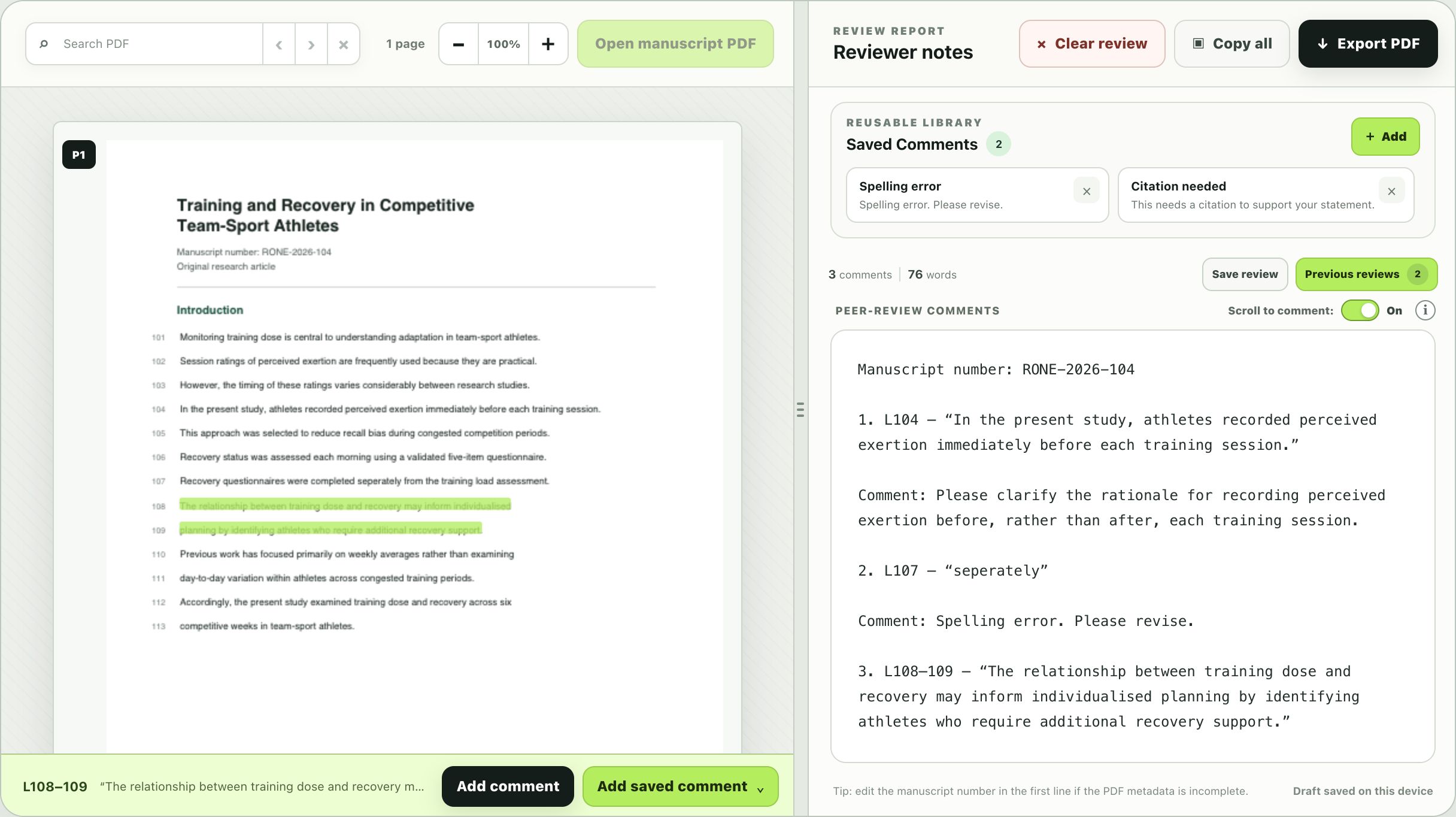The complete ReviewerOne interface showing a passage highlighted across lines 108 and 109 and its corresponding third review comment